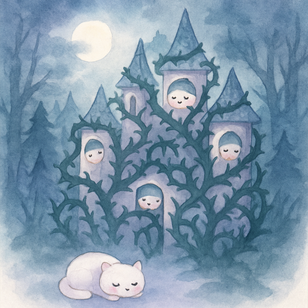 공주가 잠들고 성 전체가 잠들며 가시덤불이 성을 뒤덮는 장면